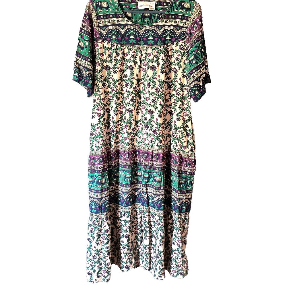 Vermont Country Store Dress L Blue Green Floral Tiered Long Cotton Boho Mumu
